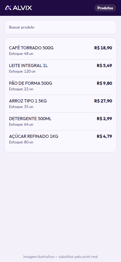 Lista de produtos com estoque no Alvinex ERP